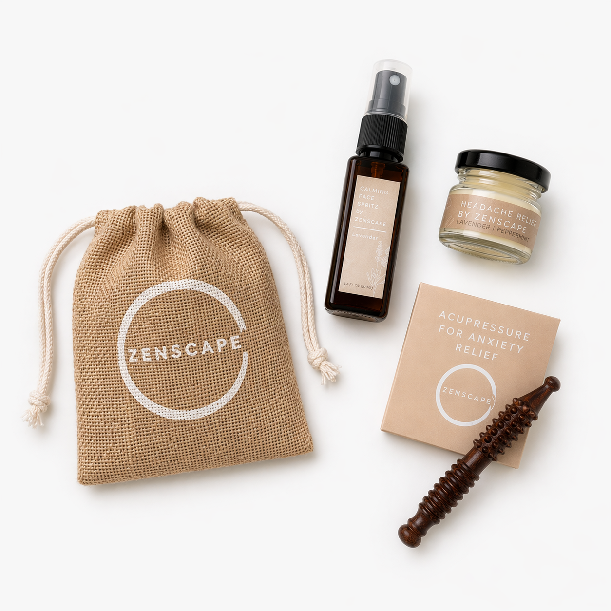 Jute drawstring bag, lavender spray bottle, headahche balm, and an acupressure stick