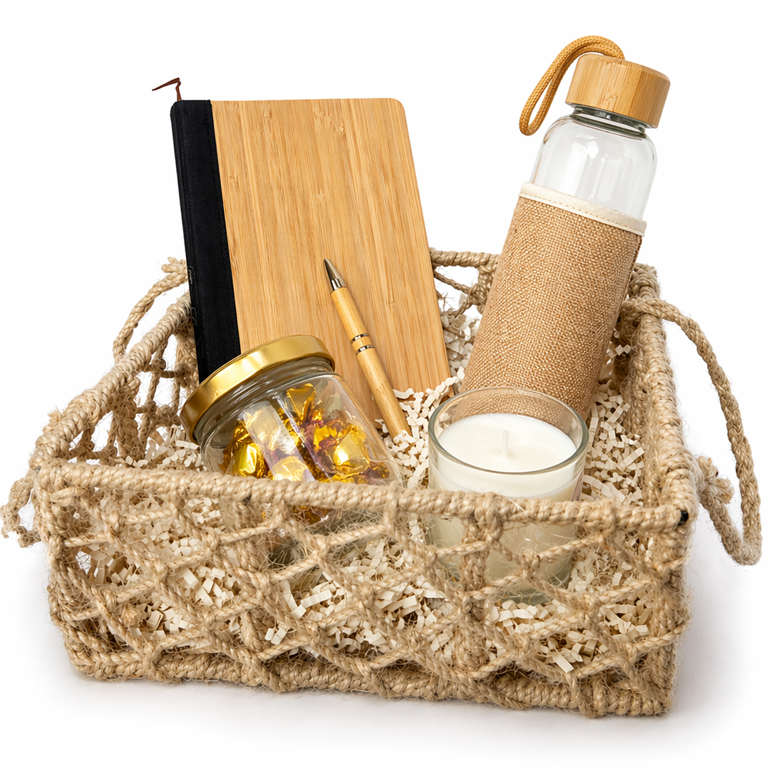 Basket with a notebook, pen, glass jar, and water bottle on a white background