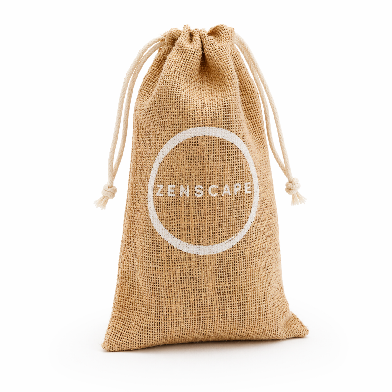 Beige drawstring jute bag with 'Zenscape' logo on a white background