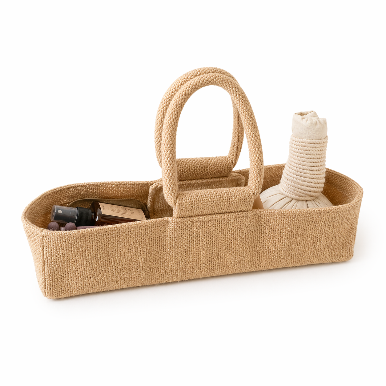 Beige woven jute bag with handles