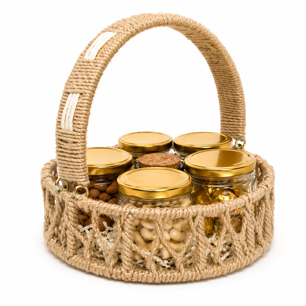 Jute basket with glass jars containing nuts  and scented candle