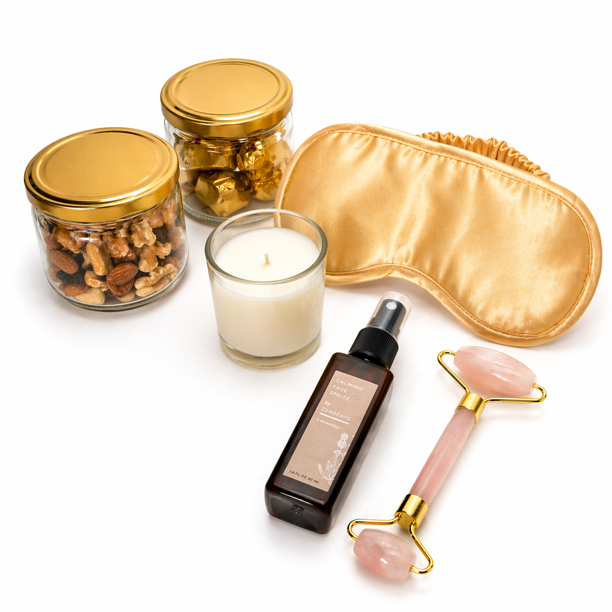 Set of skincare and wellness products including dry fruit jars, scented candle, satin eye mask 