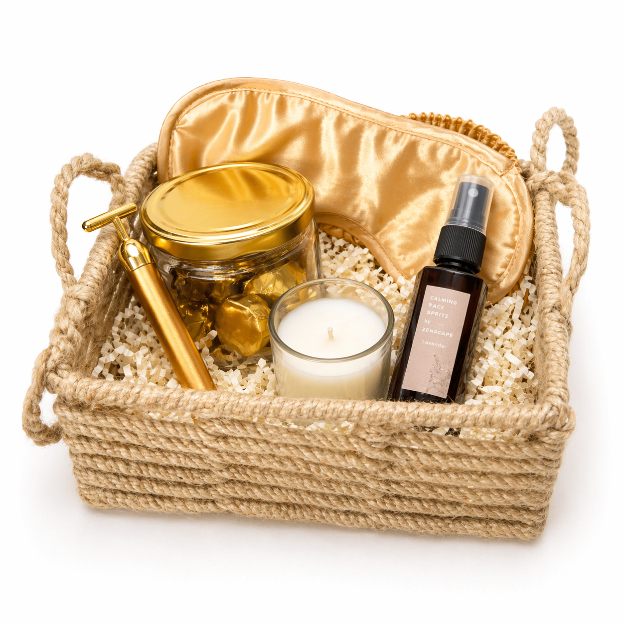 Basket with chocolates jar, scented candle, electric face massager and lavender spray 