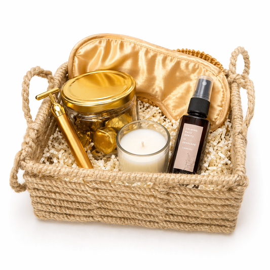 Basket with chocolates jar, scented candle, electric face massager and lavender spray 