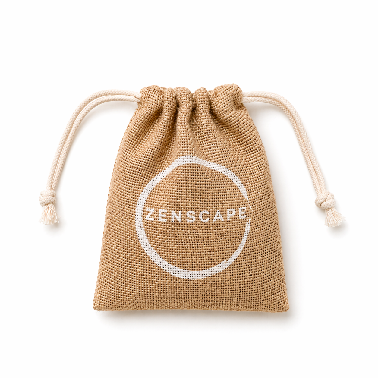 Brown drawstring jute bag with 'Zenscape' logo on a white background